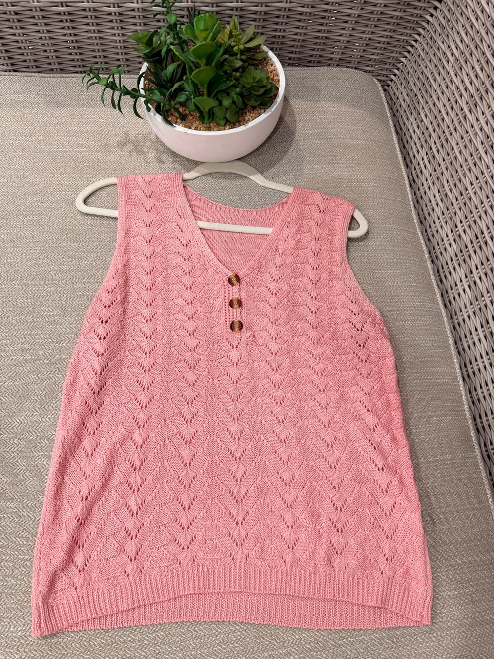 Pink Knit Sleeveless V-Neck Top with Button Detail